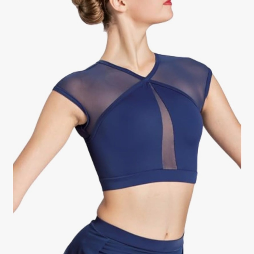 Balera Illusion Mesh Open Back Crop Top Navy Dance Costume Adult Medium